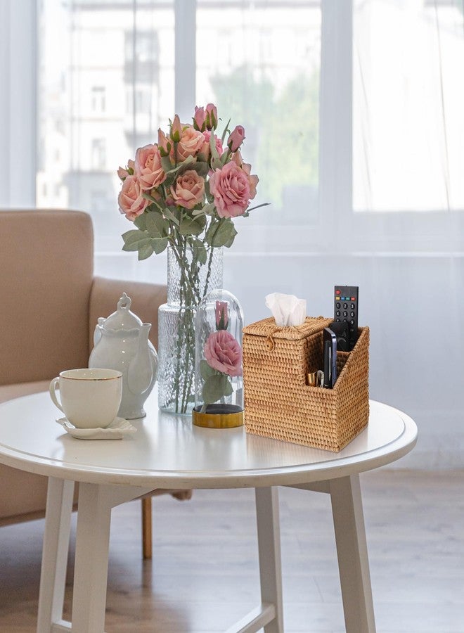 Sumnacon Tissue Box Square Tissue Box Cover with Storage Rattan Tissue Box Holder with 2 Side Organizer,Wicker Tissue Cover Cube Tissue Holder for Bathroom Living Room Table Desk Office - Image 2